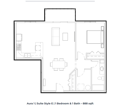 Floor plan for 1 bed, 1 bath, 888 sqft